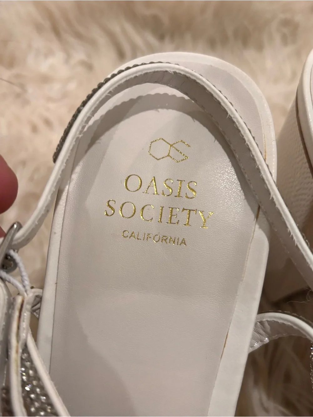 The Suva White Rhinestone and Reptile Print Strappy Block Heel by Oasis Society